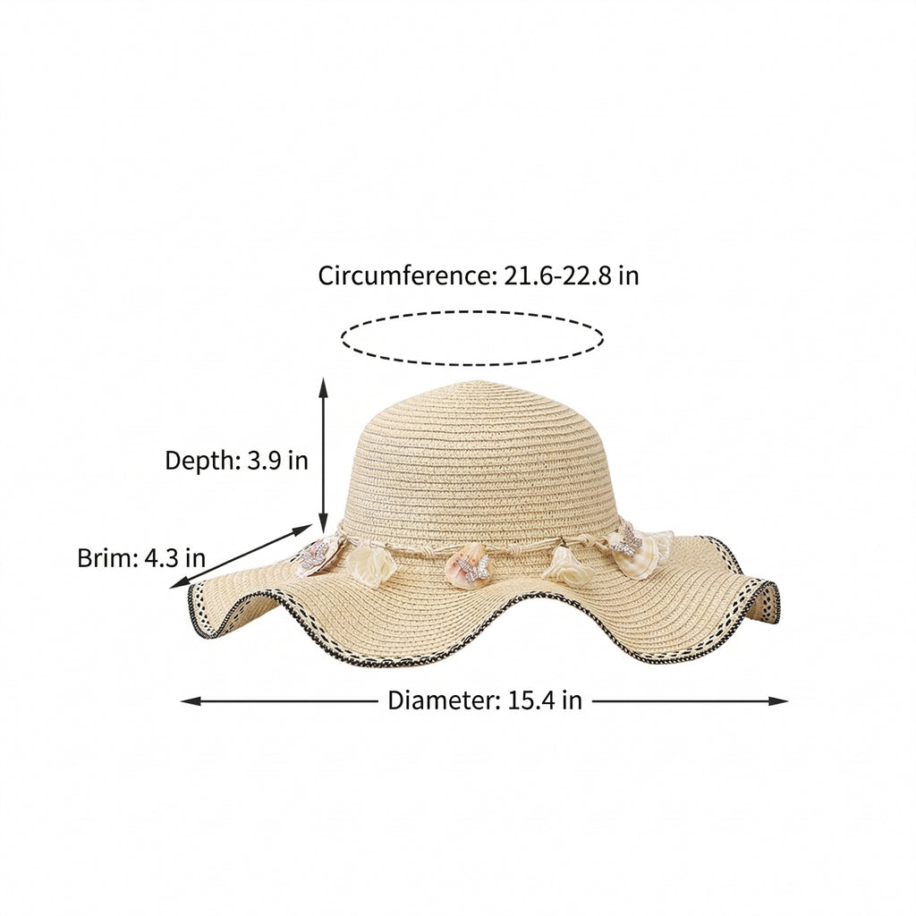 Anna-Kaci Wide Brim Straw Sun Hat Wavy Edge Shell Trim Beach Hat Adjustable Inner Band Packable Hat