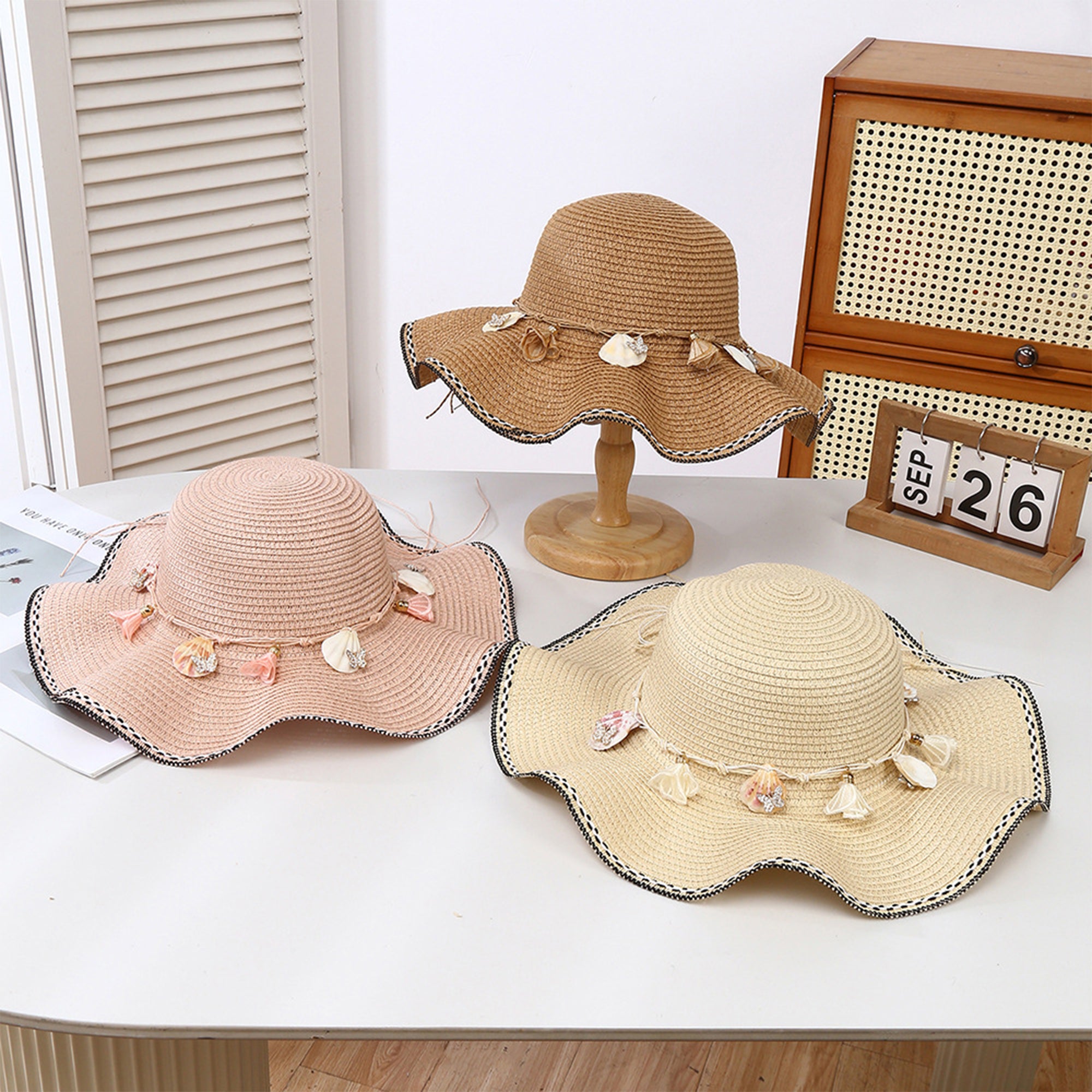 Anna-Kaci Wide Brim Straw Sun Hat Wavy Edge Shell Trim Beach Hat Adjustable Inner Band Packable Hat