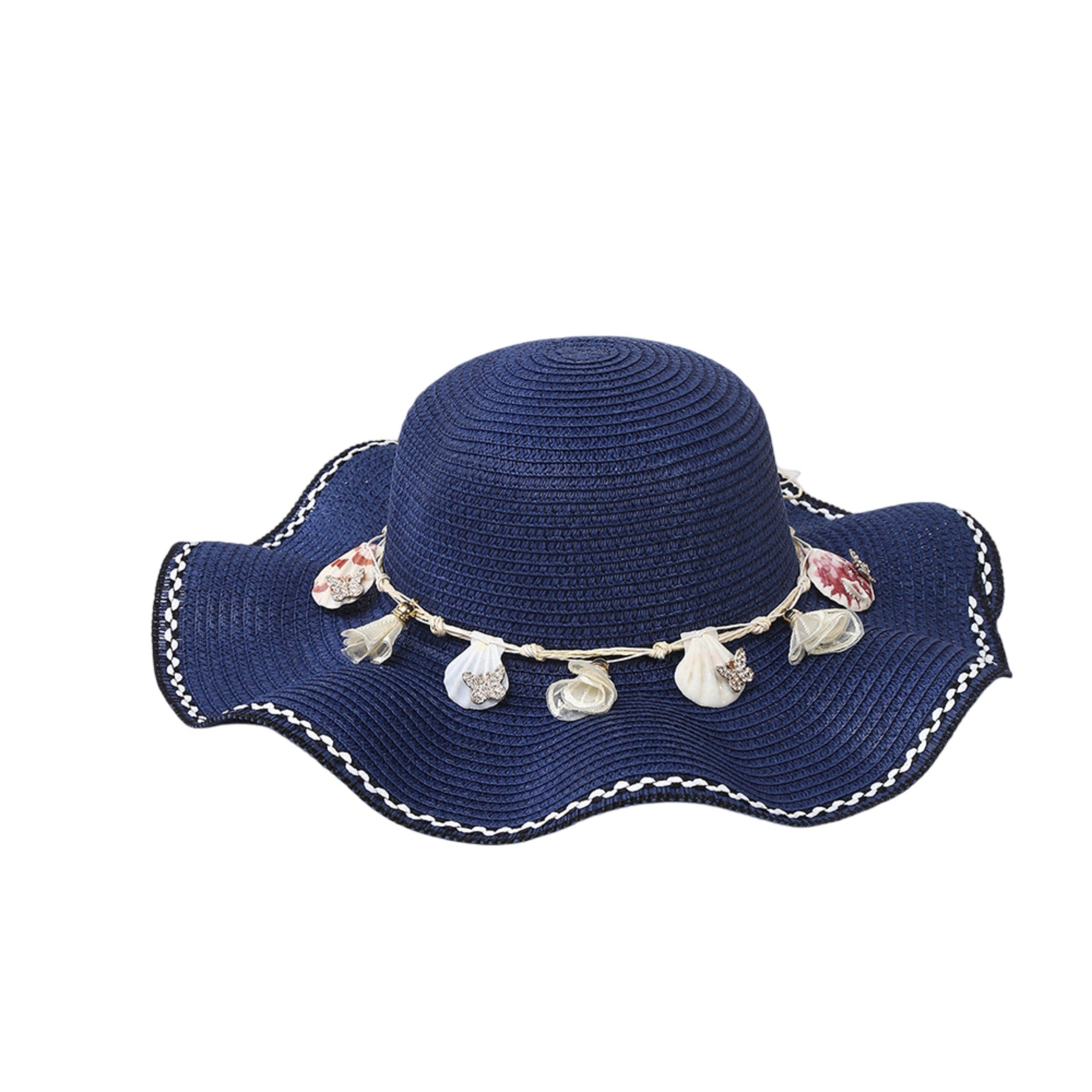 Anna-Kaci Wide Brim Straw Sun Hat Wavy Edge Shell Trim Beach Hat Adjustable Inner Band Packable Hat