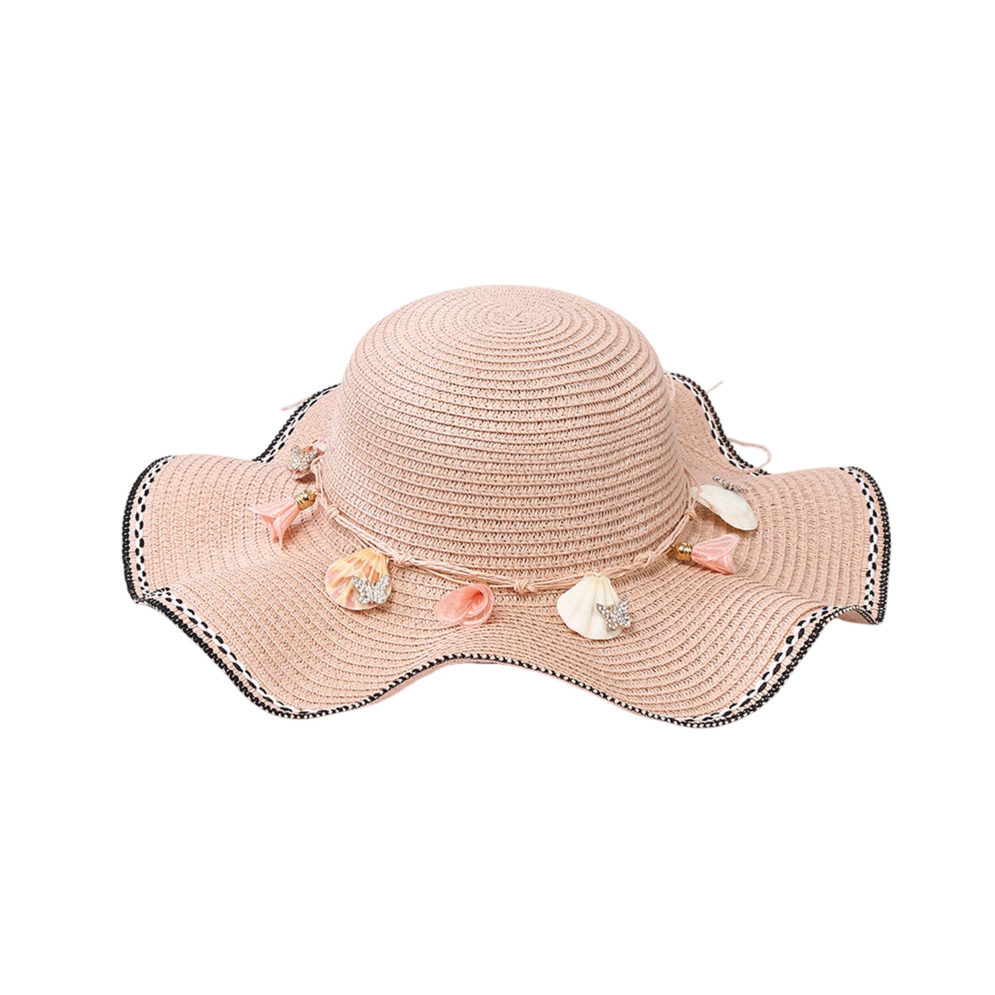 Anna-Kaci Wide Brim Straw Sun Hat Wavy Edge Shell Trim Beach Hat Adjustable Inner Band Packable Hat