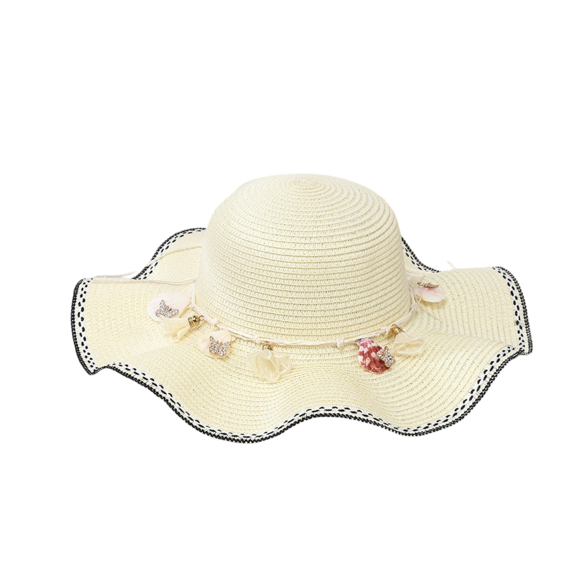Anna-Kaci Wide Brim Straw Sun Hat Wavy Edge Shell Trim Beach Hat Adjustable Inner Band Packable Hat