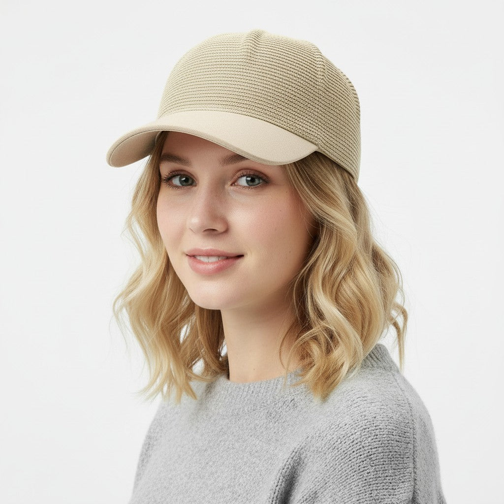 Anna-Kaci Women Straw Baseball Cap Woven Crown Fabric Brim Lightweight Breathable Summer Hat