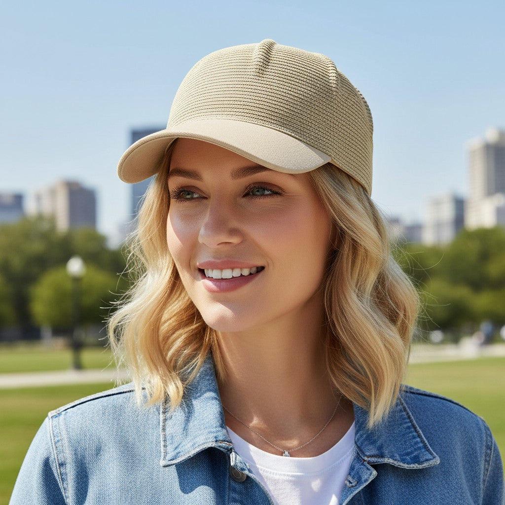 Anna-Kaci Women Straw Baseball Cap Woven Crown Fabric Brim Lightweight Breathable Summer Hat