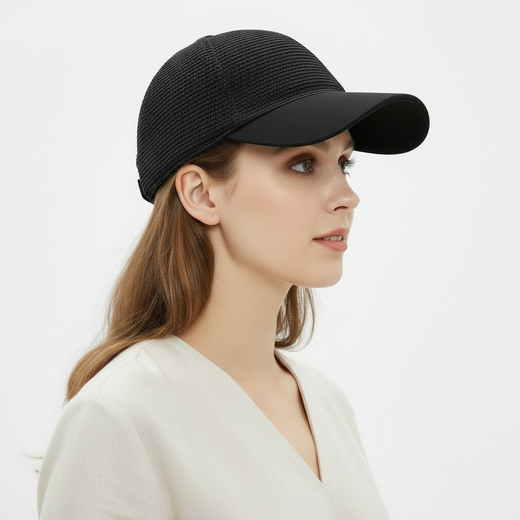 Anna-Kaci Women Straw Baseball Cap Woven Crown Fabric Brim Lightweight Breathable Summer Hat