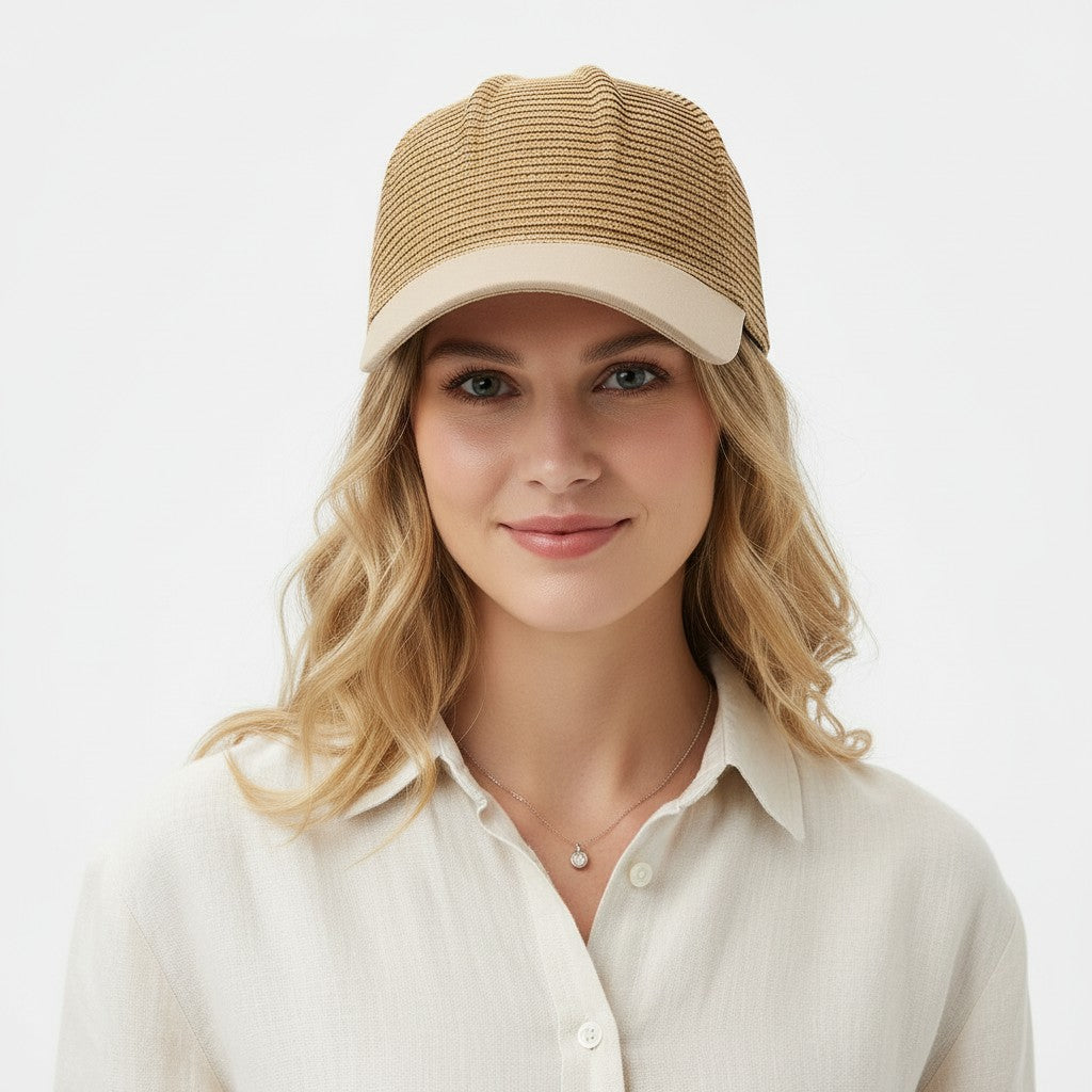Anna-Kaci Women Straw Baseball Cap Woven Crown Fabric Brim Lightweight Breathable Summer Hat