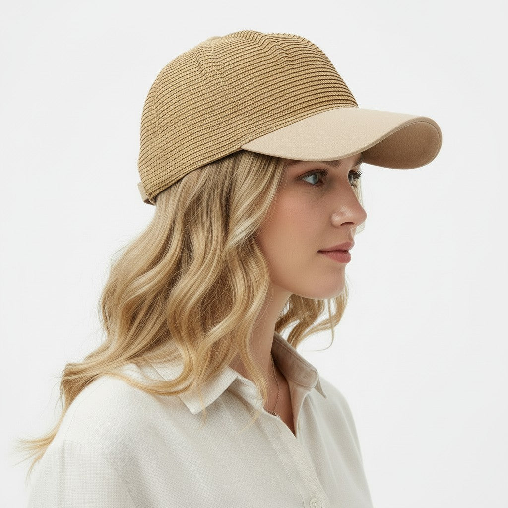 Anna-Kaci Women Straw Baseball Cap Woven Crown Fabric Brim Lightweight Breathable Summer Hat