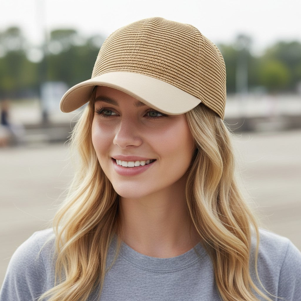 Anna-Kaci Women Straw Baseball Cap Woven Crown Fabric Brim Lightweight Breathable Summer Hat