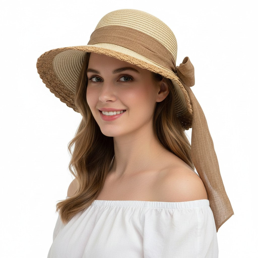 Anna-Kaci Women Straw Sun Hat Wide Brim Bow Ribbon Lightweight Woven Summer Beach Hat