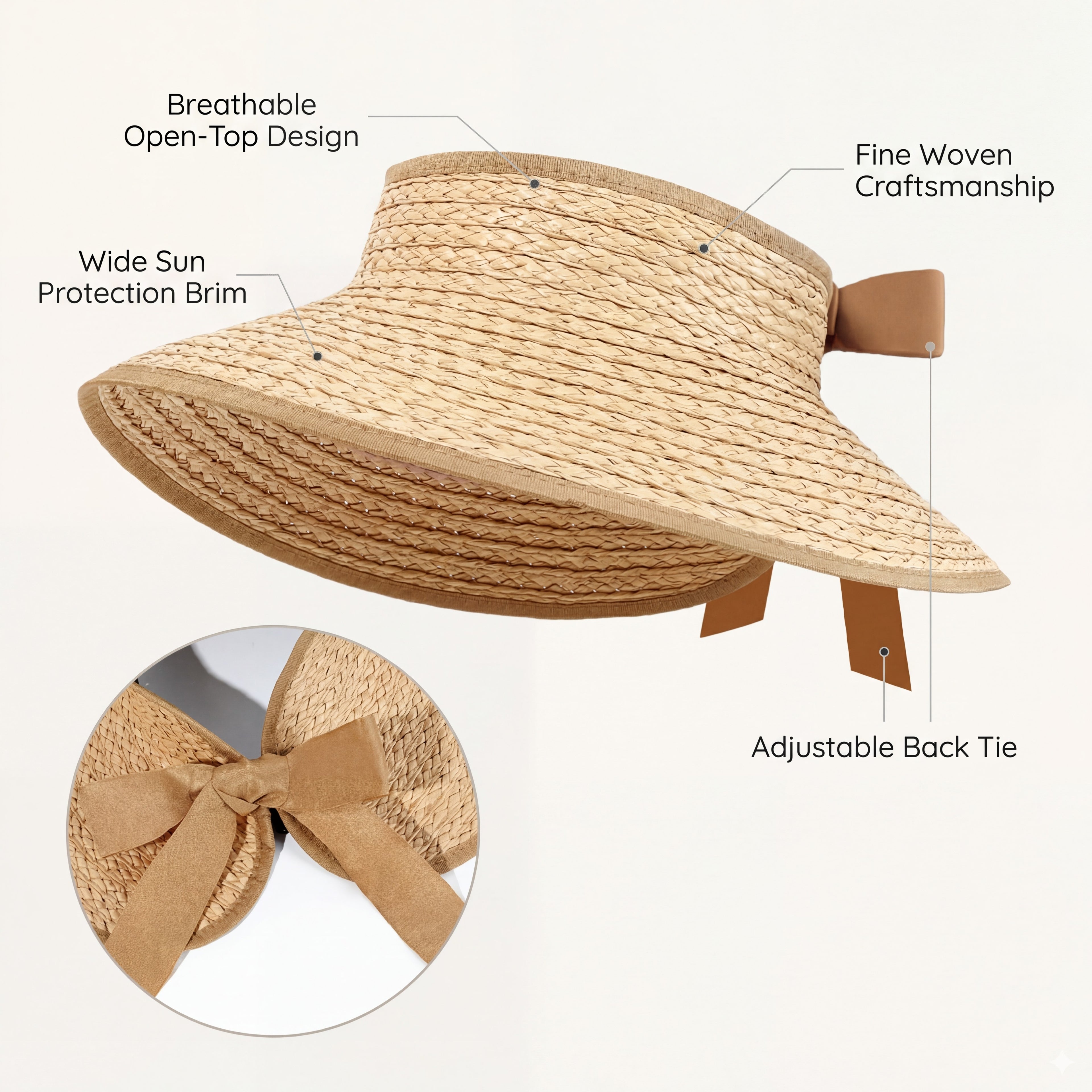 Anna-Kaci Women Straw Sun Visor Hat Wide Brim Open Top Adjustable Bow Lightweight Summer Hat