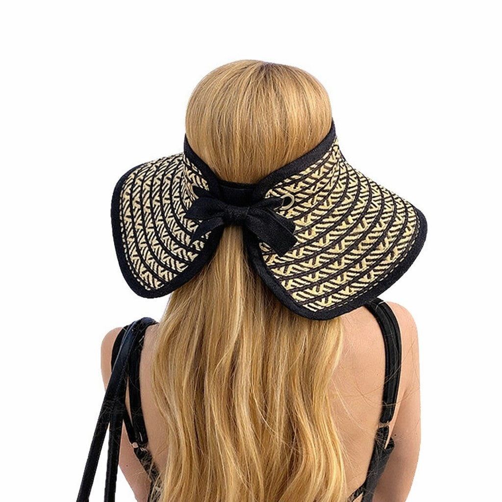 Anna-Kaci Women Straw Sun Visor Hat Wide Brim Contrast Trim Adjustable Bow Lightweight Summer Hat