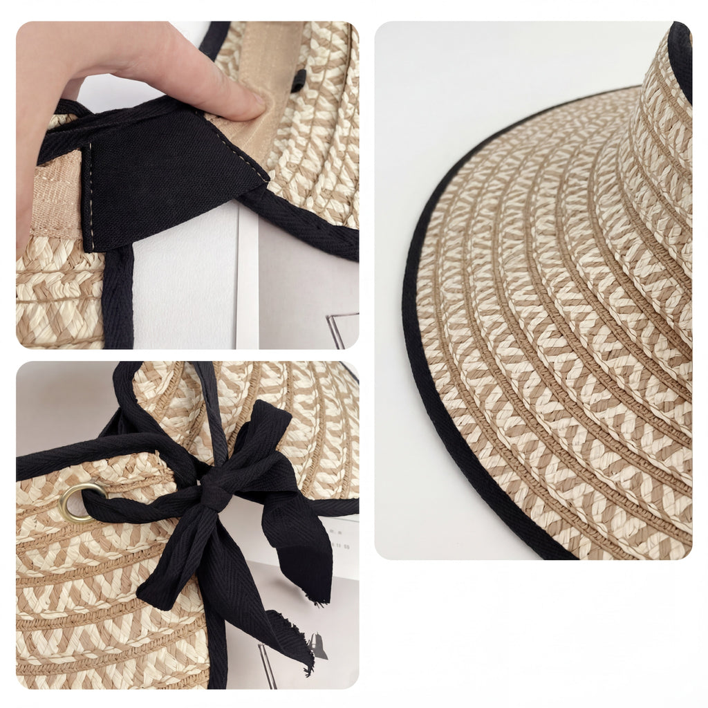 Anna-Kaci Women Straw Sun Visor Hat Wide Brim Contrast Trim Adjustable Bow Lightweight Summer Hat
