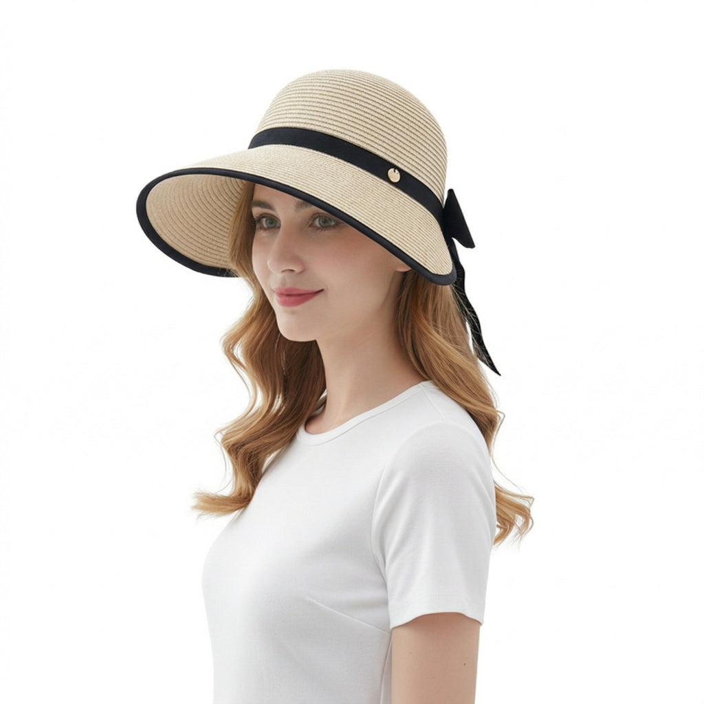 Anna-Kaci Women Straw Sun Visor Hat Wide Brim Bow Ribbon Contrast Trim Adjustable Summer Hat
