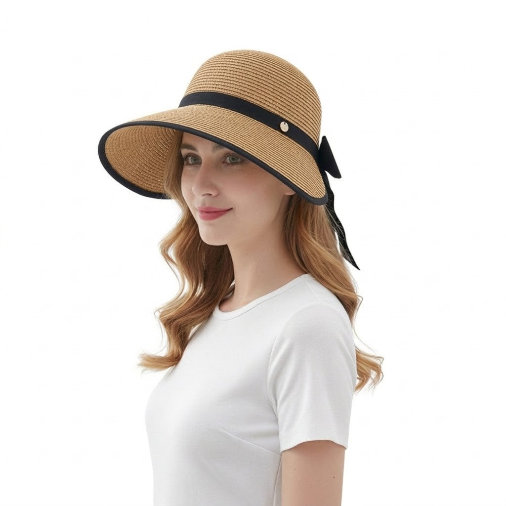 Anna-Kaci Women Straw Sun Visor Hat Wide Brim Bow Ribbon Contrast Trim Adjustable Summer Hat