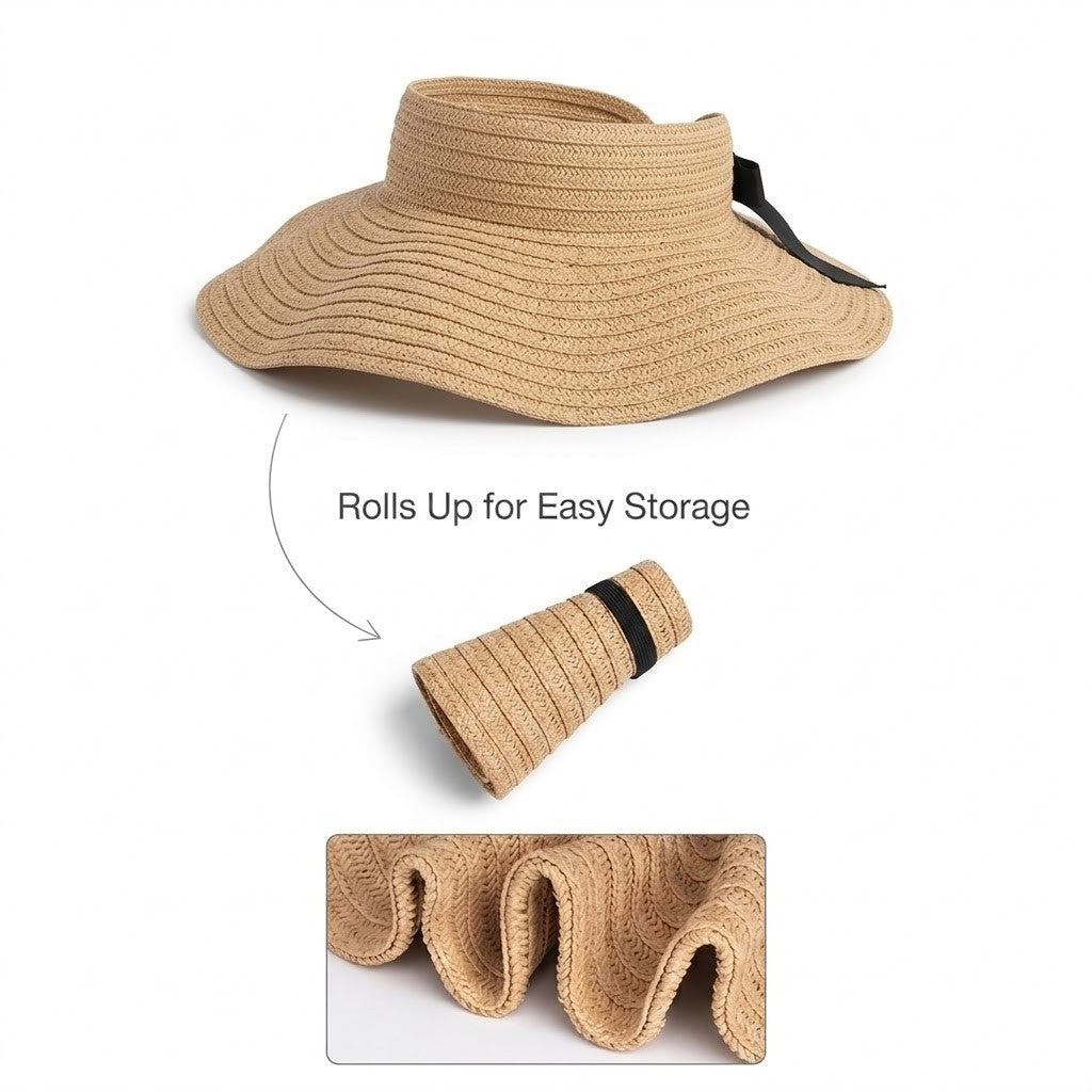Anna-Kaci Women Straw Sun Visor Hat Wide Brim Rollable Packable Adjustable Open Top Summer Hat