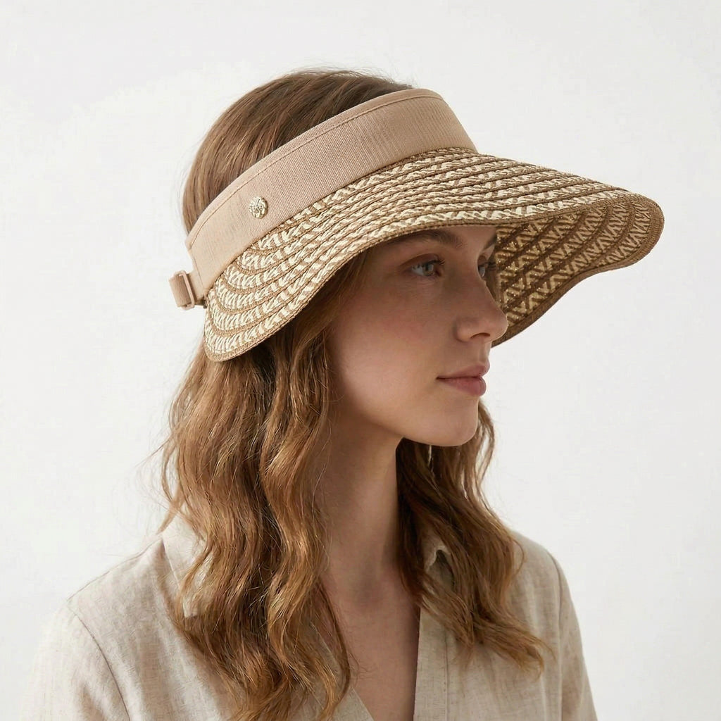 Anna-Kaci Women Straw Sun Visor Hat Wide Brim Woven Pattern Contrast Band Adjustable Summer Hat