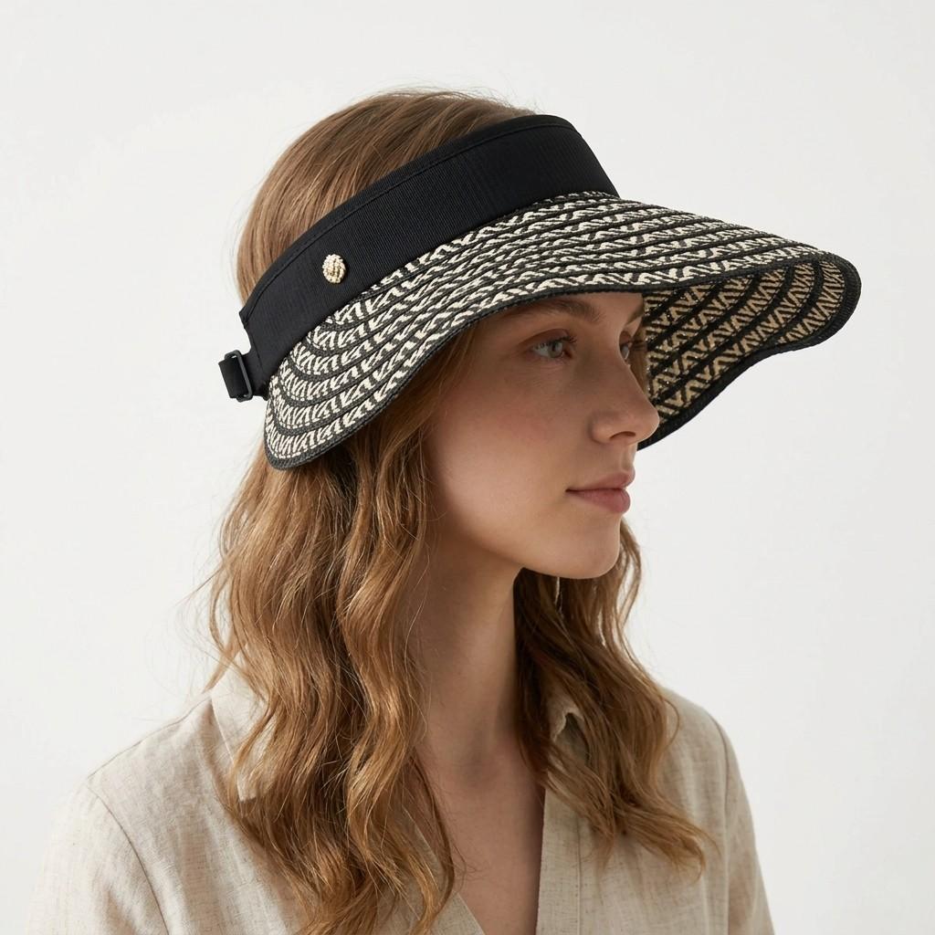 Anna-Kaci Women Straw Sun Visor Hat Wide Brim Woven Pattern Contrast Band Adjustable Summer Hat