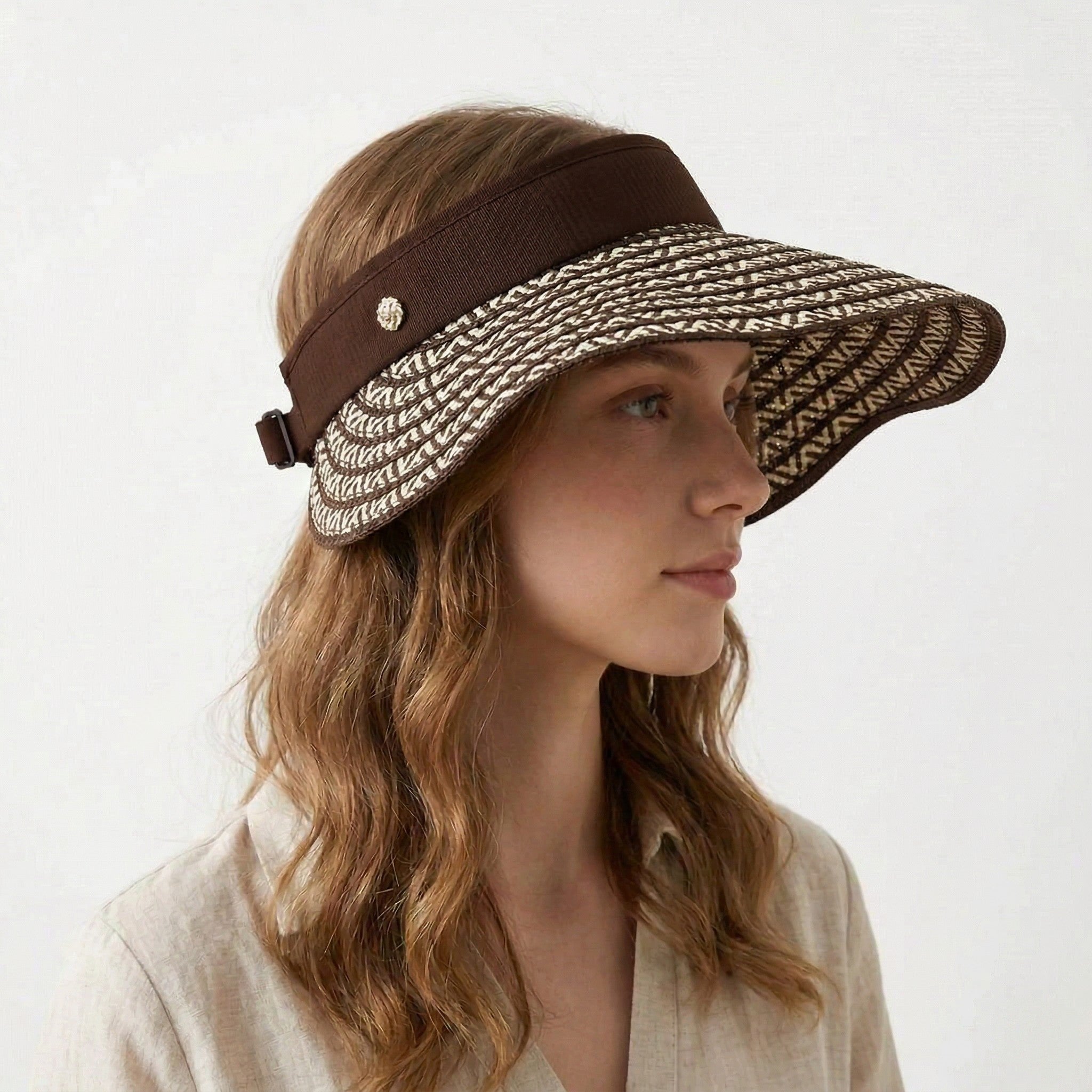 Anna-Kaci Women Straw Sun Visor Hat Wide Brim Woven Pattern Contrast Band Adjustable Summer Hat
