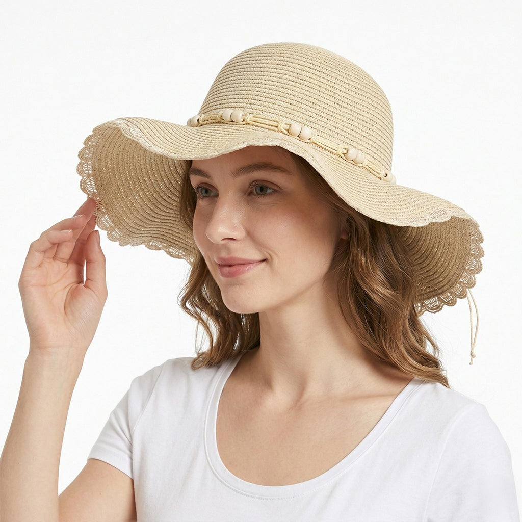 Anna-Kaci Women Straw Sun Hat Wide Brim Floppy Beach Hat Woven Scalloped Edge Adjustable Summer Hat