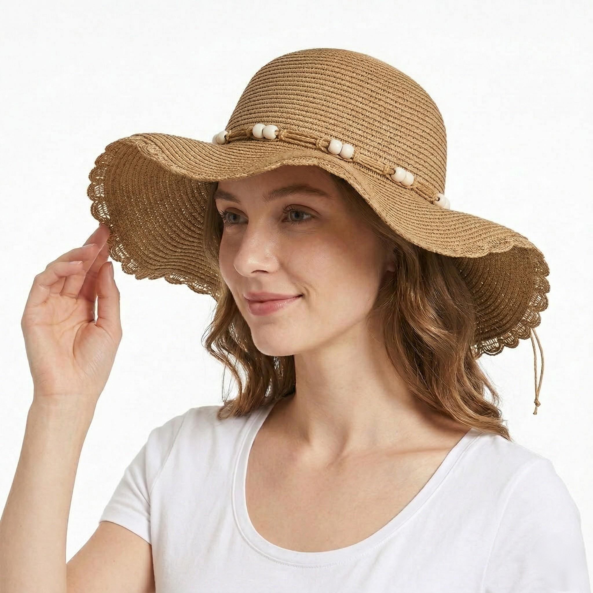 Anna-Kaci Women Straw Sun Hat Wide Brim Floppy Beach Hat Woven Scalloped Edge Adjustable Summer Hat