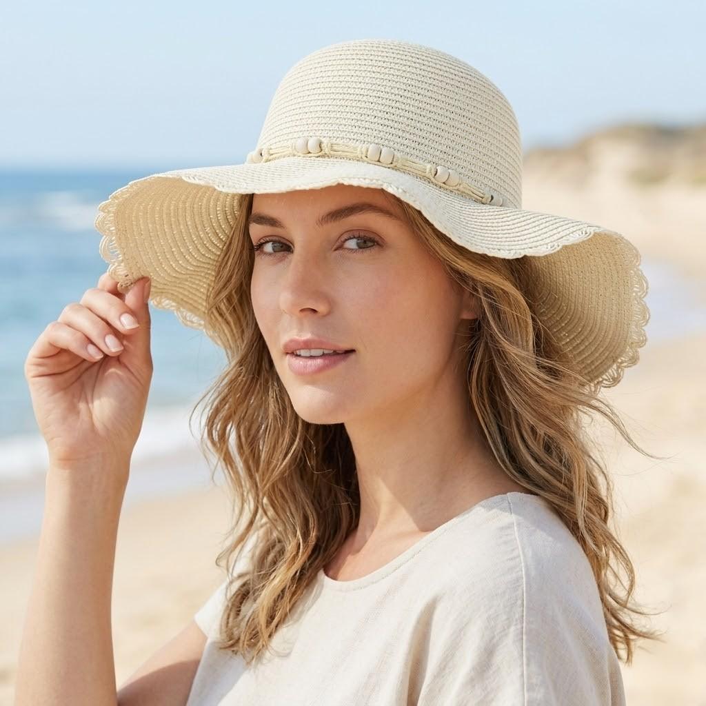 Anna-Kaci Women Straw Sun Hat Wide Brim Floppy Beach Hat Woven Scalloped Edge Adjustable Summer Hat
