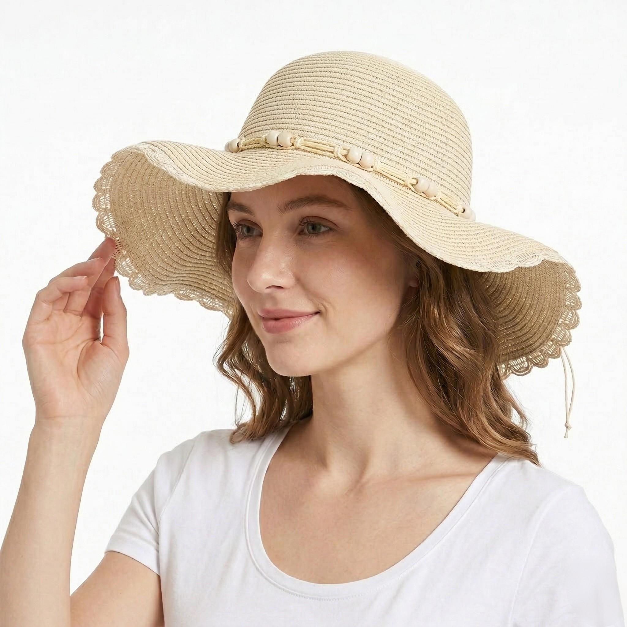 Anna-Kaci Women Straw Sun Hat Wide Brim Floppy Beach Hat Woven Scalloped Edge Adjustable Summer Hat