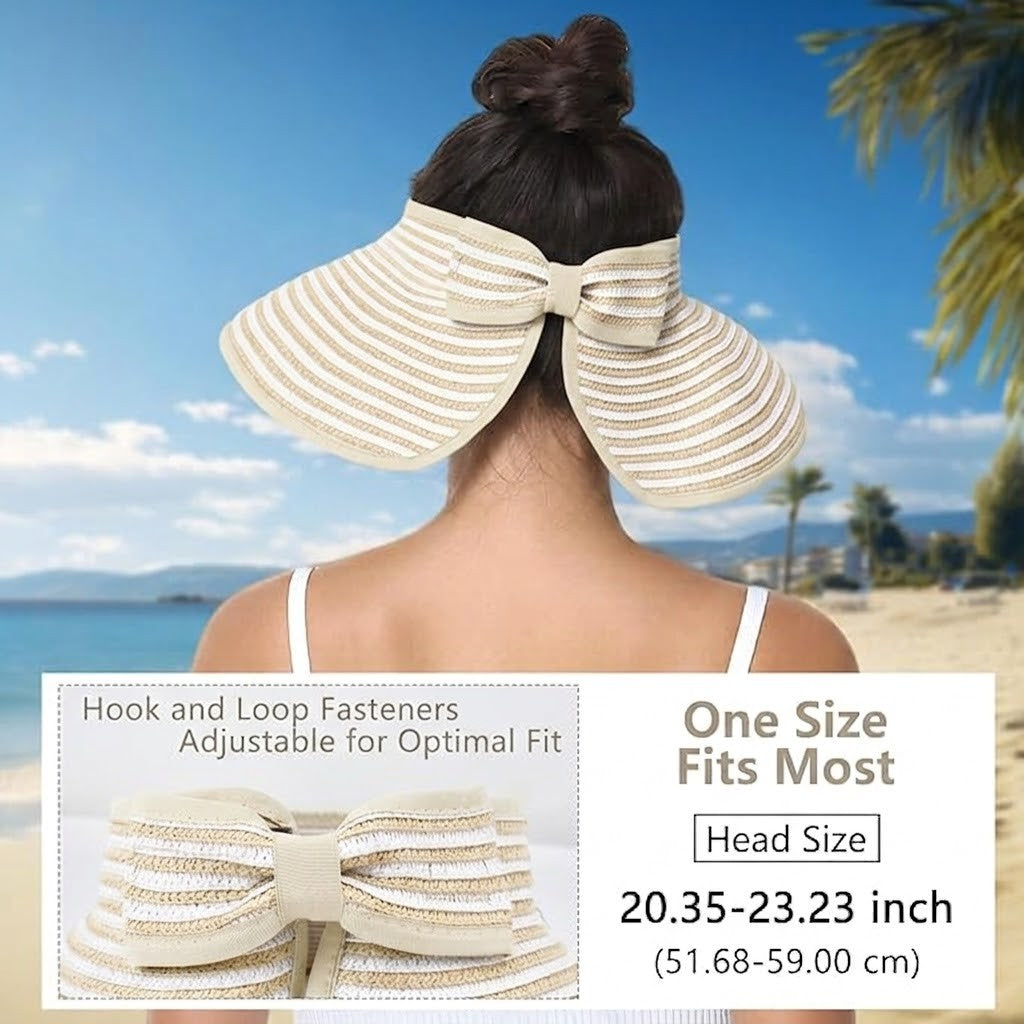 Anna-Kaci Women's Roll-Up Straw Visor Hat Wide Brim Striped Sun Hat Bow Adjustable Open Top Beach Cap
