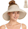 Anna-Kaci Women's Roll-Up Straw Visor Hat Wide Brim Striped Sun Hat Bow Adjustable Open Top Beach Cap