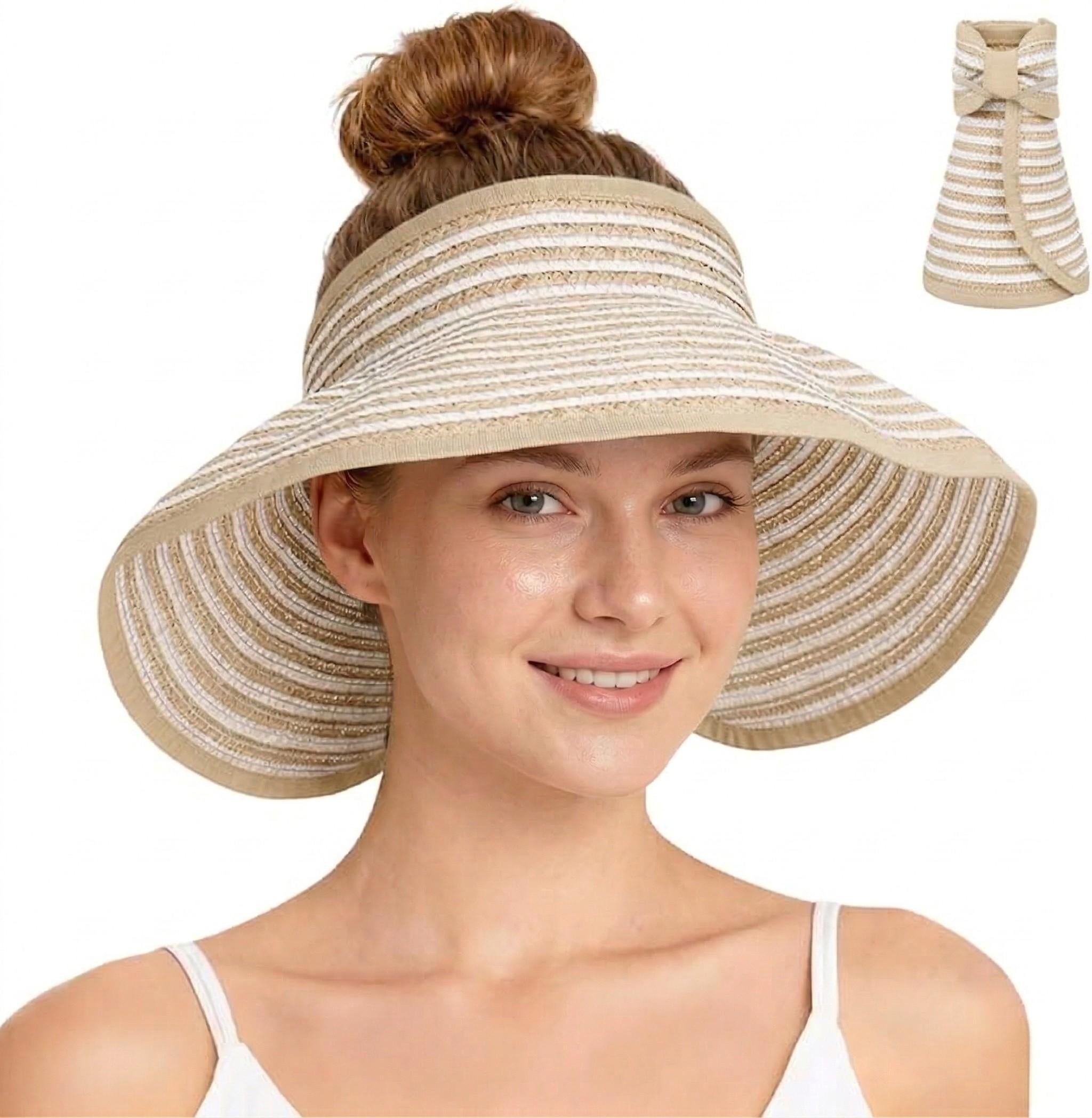 Anna-Kaci Women's Roll-Up Straw Visor Hat Wide Brim Striped Sun Hat Bow Adjustable Open Top Beach Cap