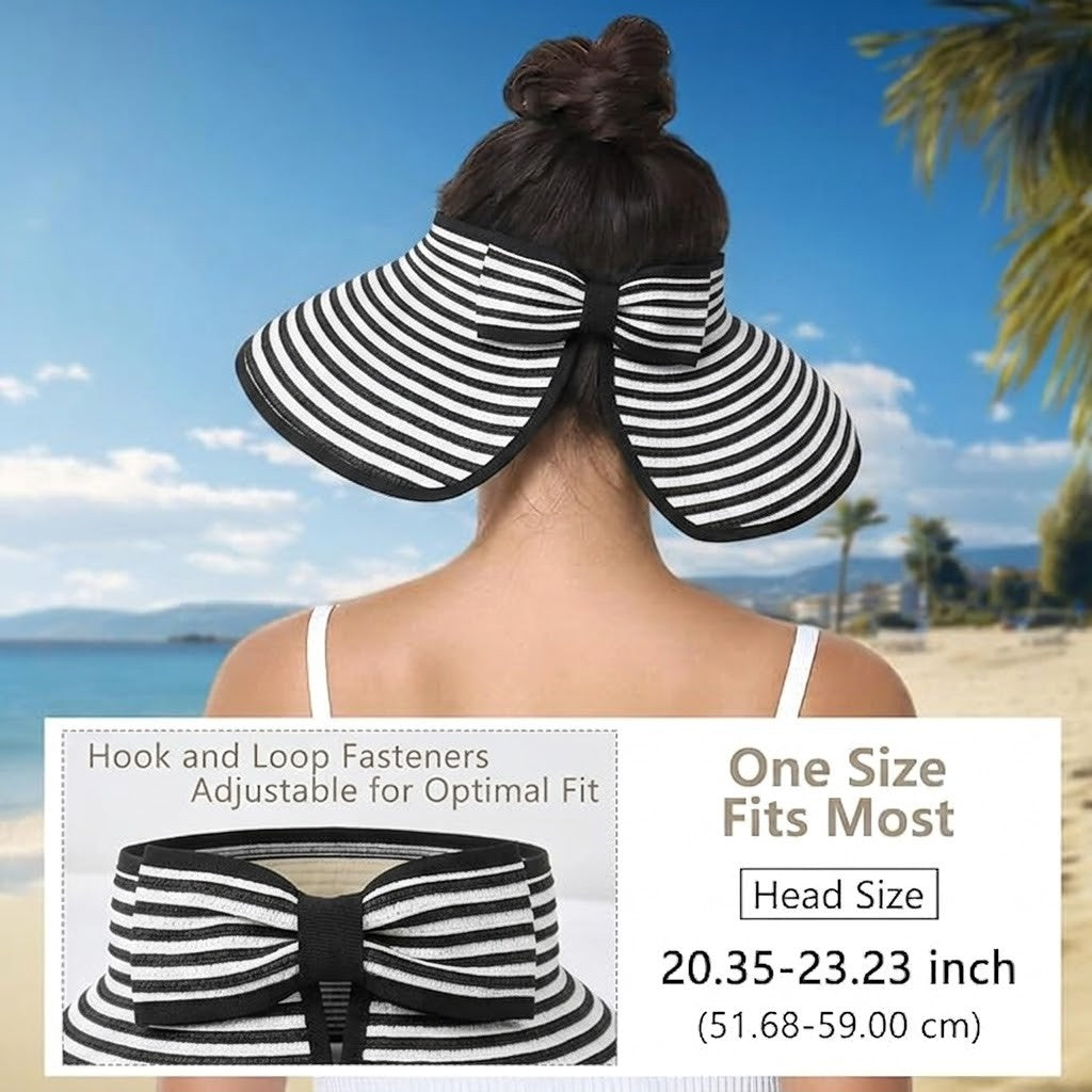 Anna-Kaci Women's Roll-Up Straw Visor Hat Wide Brim Striped Sun Hat Bow Adjustable Open Top Beach Cap