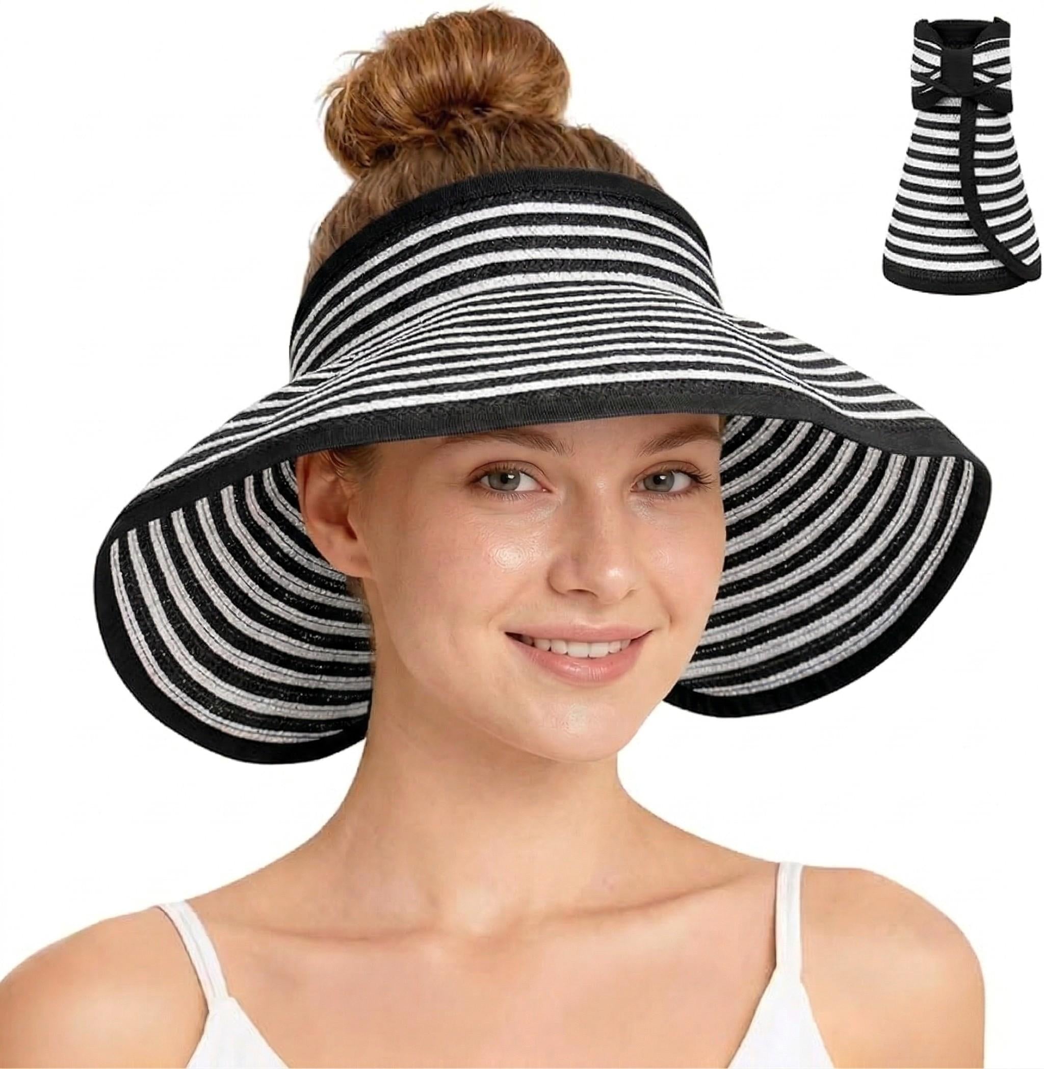 Anna-Kaci Women's Roll-Up Straw Visor Hat Wide Brim Striped Sun Hat Bow Adjustable Open Top Beach Cap