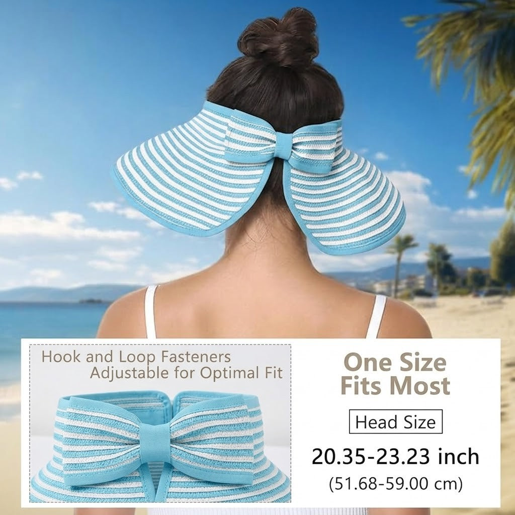 Anna-Kaci Women's Roll-Up Straw Visor Hat Wide Brim Striped Sun Hat Bow Adjustable Open Top Beach Cap