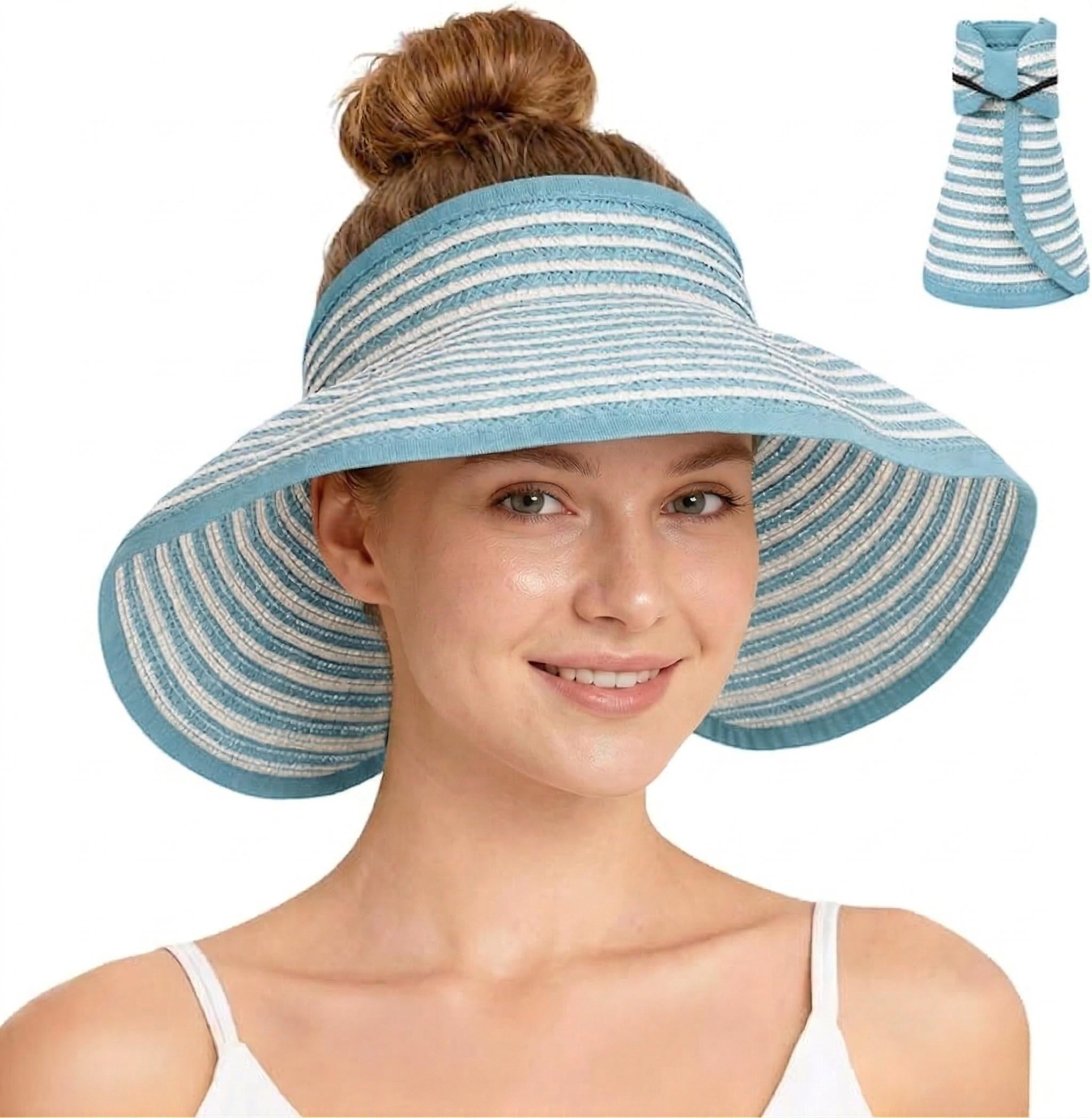Anna-Kaci Women's Roll-Up Straw Visor Hat Wide Brim Striped Sun Hat Bow Adjustable Open Top Beach Cap