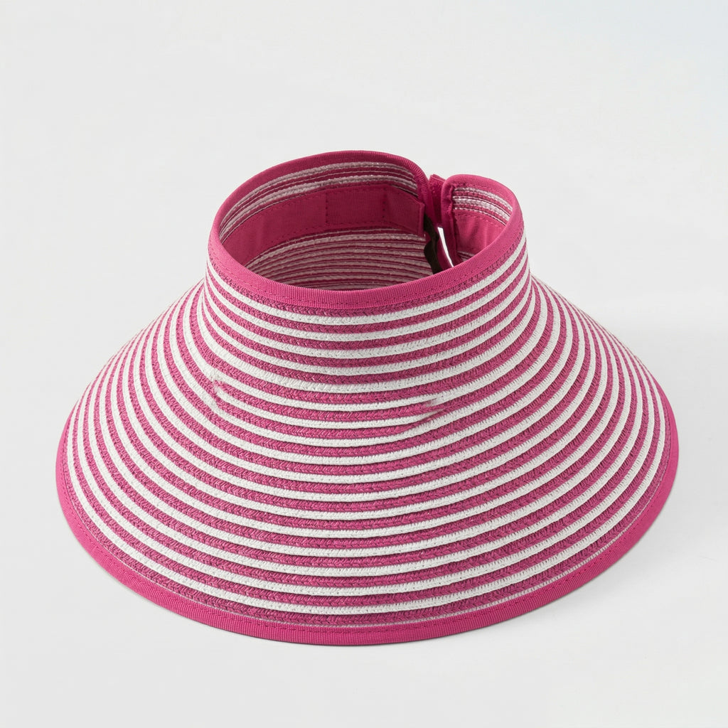 Anna-Kaci Women's Roll-Up Straw Visor Hat Wide Brim Striped Sun Hat Bow Adjustable Open Top Beach Cap