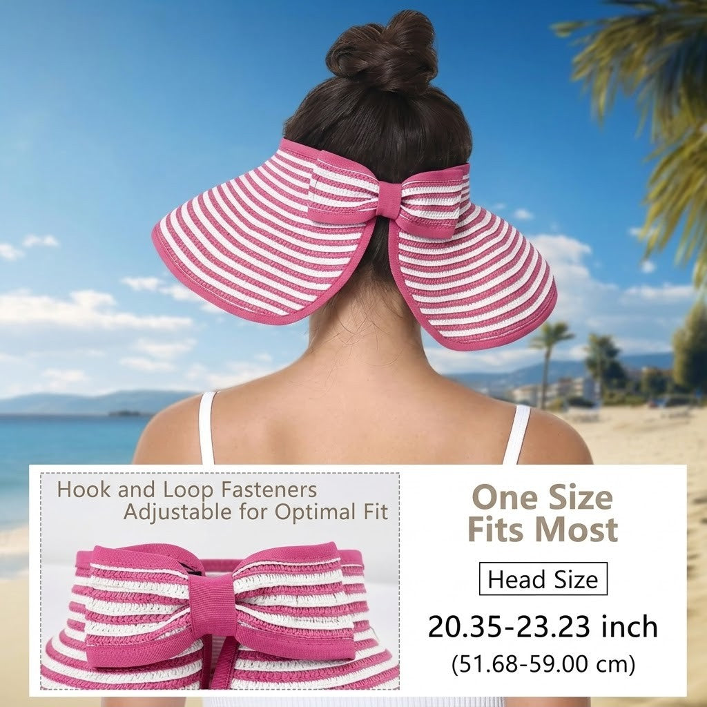 Anna-Kaci Women's Roll-Up Straw Visor Hat Wide Brim Striped Sun Hat Bow Adjustable Open Top Beach Cap
