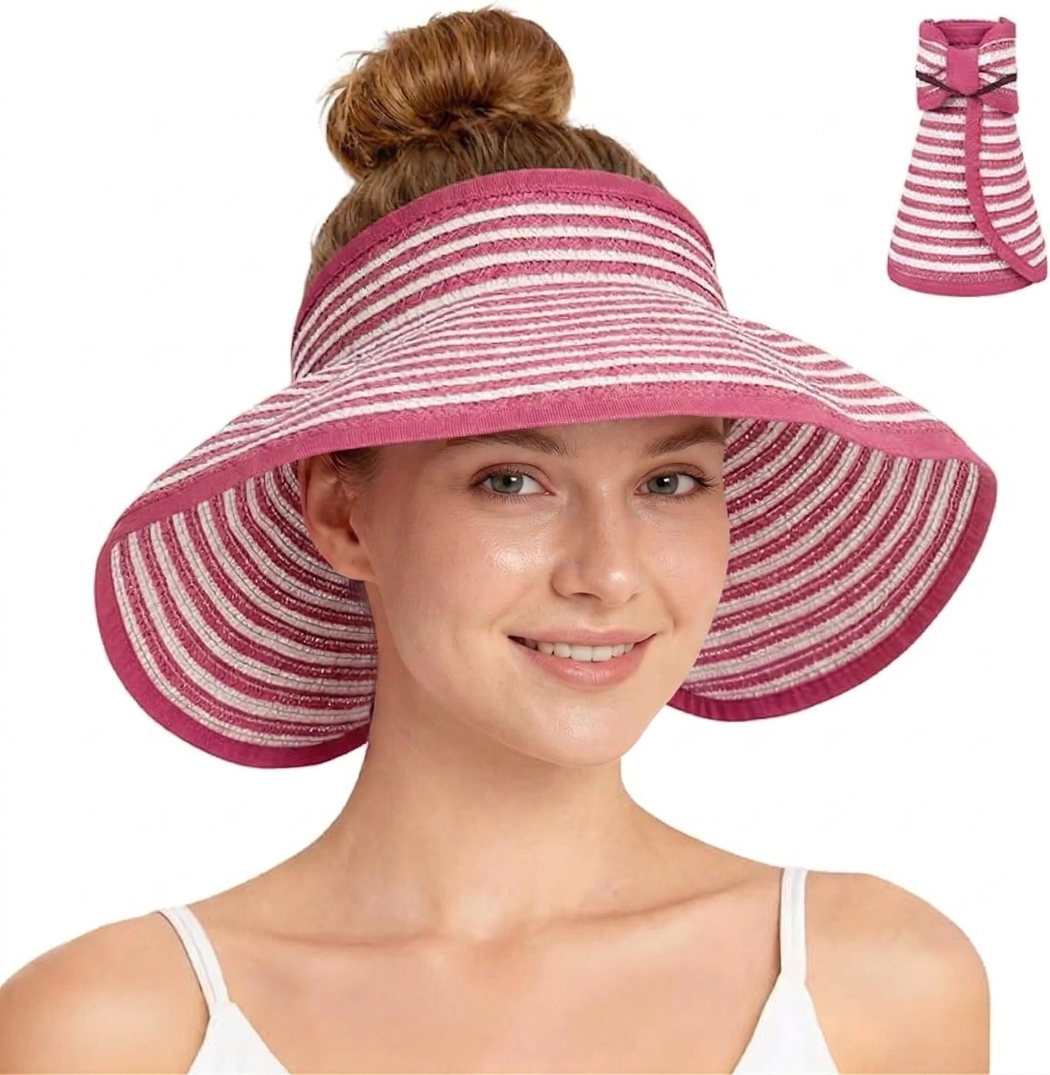 Anna-Kaci Women's Roll-Up Straw Visor Hat Wide Brim Striped Sun Hat Bow Adjustable Open Top Beach Cap