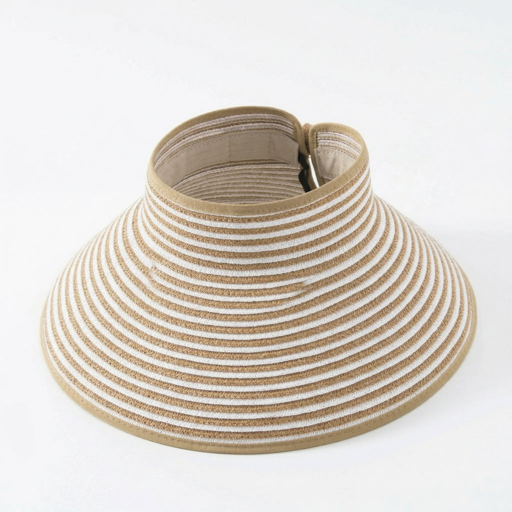 Anna-Kaci Women's Roll-Up Straw Visor Hat Wide Brim Striped Sun Hat Bow Adjustable Open Top Beach Cap