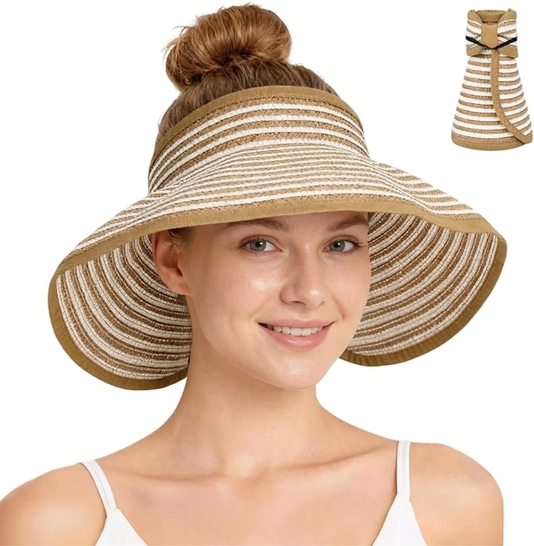 Anna-Kaci Women's Roll-Up Straw Visor Hat Wide Brim Striped Sun Hat Bow Adjustable Open Top Beach Cap