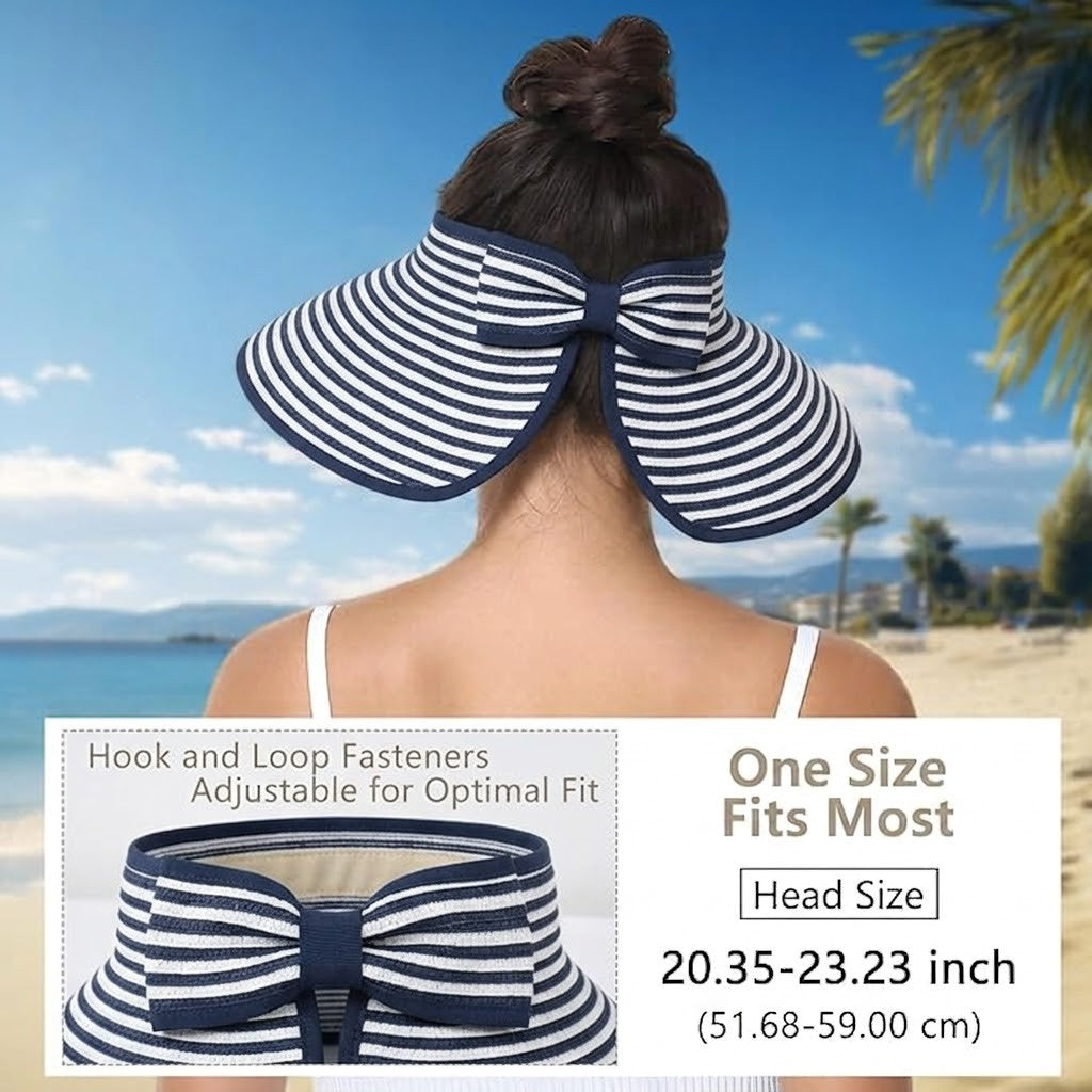 Anna-Kaci Women's Roll-Up Straw Visor Hat Wide Brim Striped Sun Hat Bow Adjustable Open Top Beach Cap