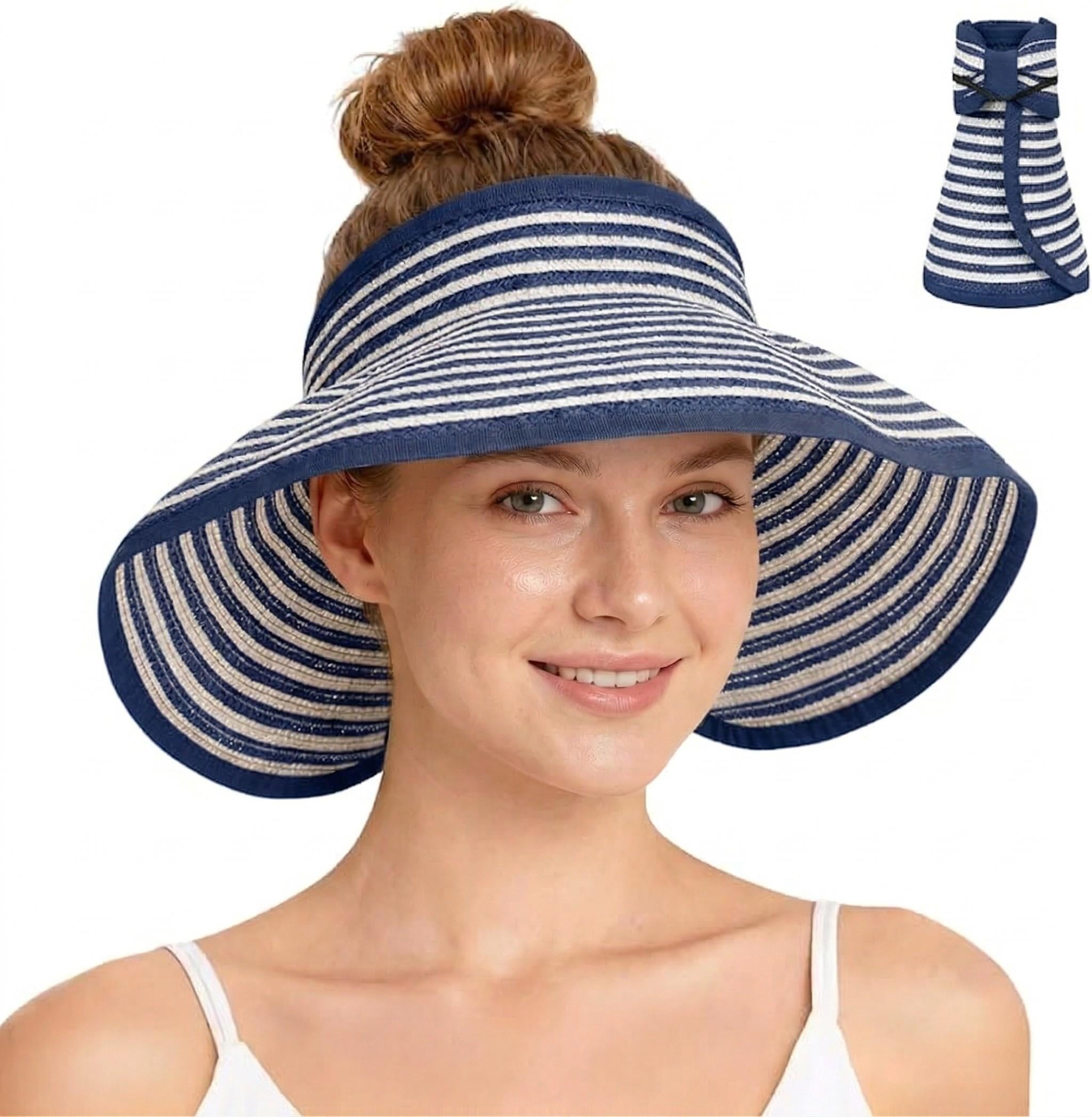 Anna-Kaci Women's Roll-Up Straw Visor Hat Wide Brim Striped Sun Hat Bow Adjustable Open Top Beach Cap