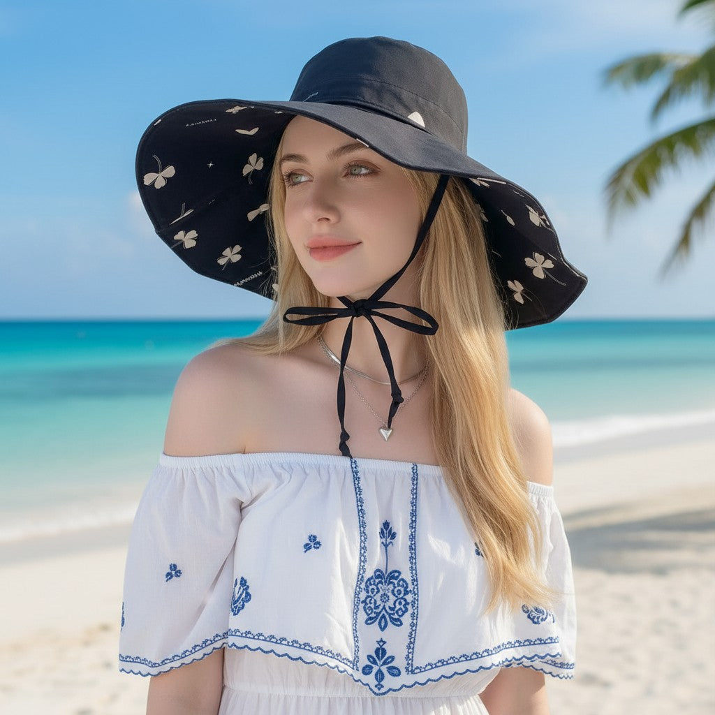 Anna-Kaci Women's Reversible Bucket Hat Wide Brim Sun Hat Floral Print Adjustable Chin Strap Outdoor Beach Hat