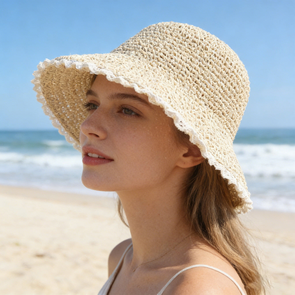 Anna-Kaci Women Straw Bucket Hat Wide Brim Lightweight Sun Hat with Lace Trim Detail