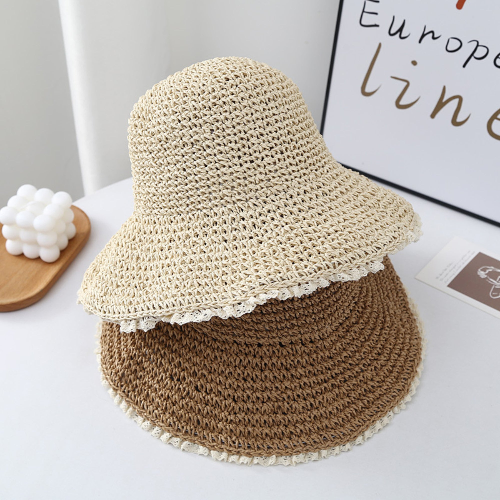 Anna-Kaci Women Straw Bucket Hat Wide Brim Lightweight Sun Hat with Lace Trim Detail