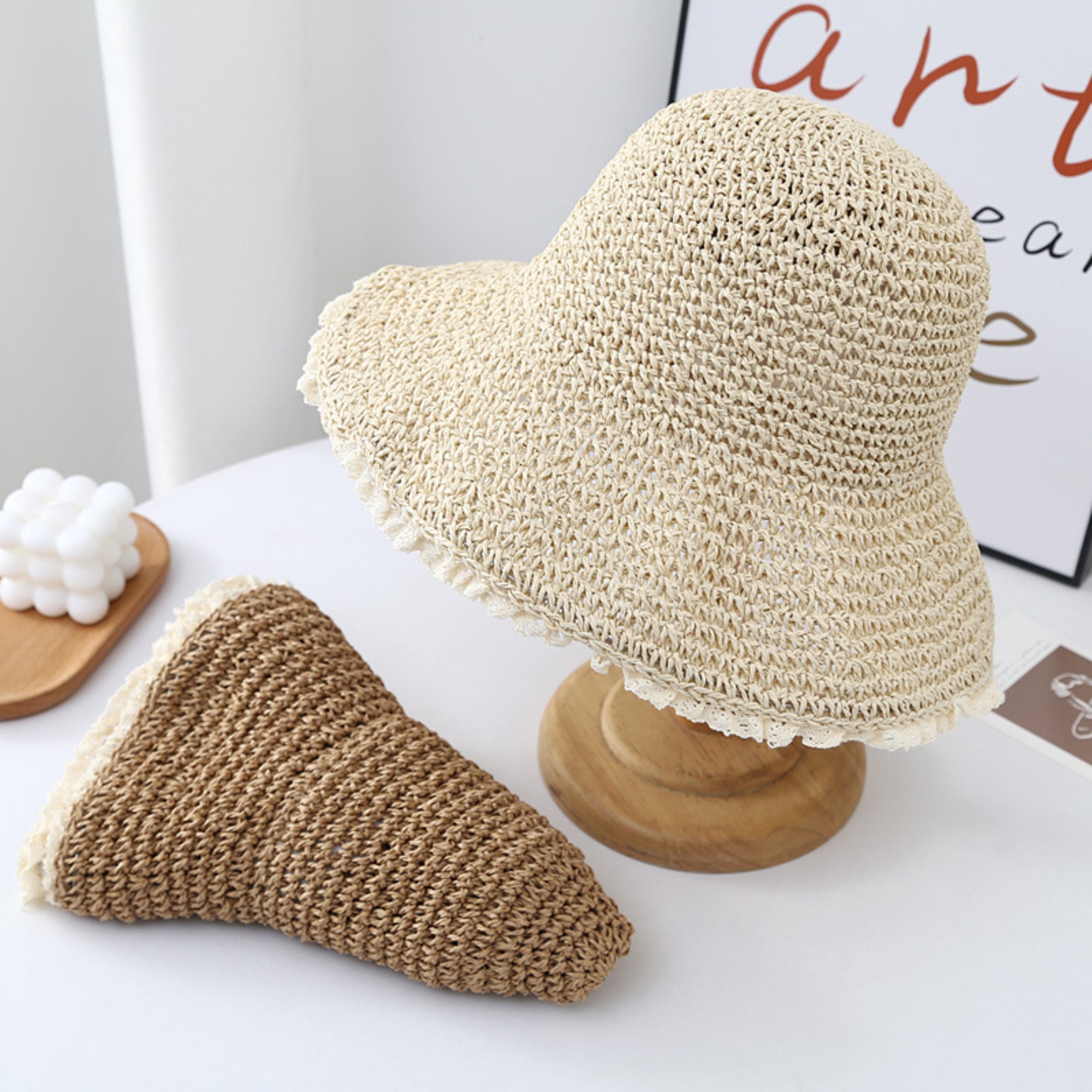 Anna-Kaci Women Straw Bucket Hat Wide Brim Lightweight Sun Hat with Lace Trim Detail