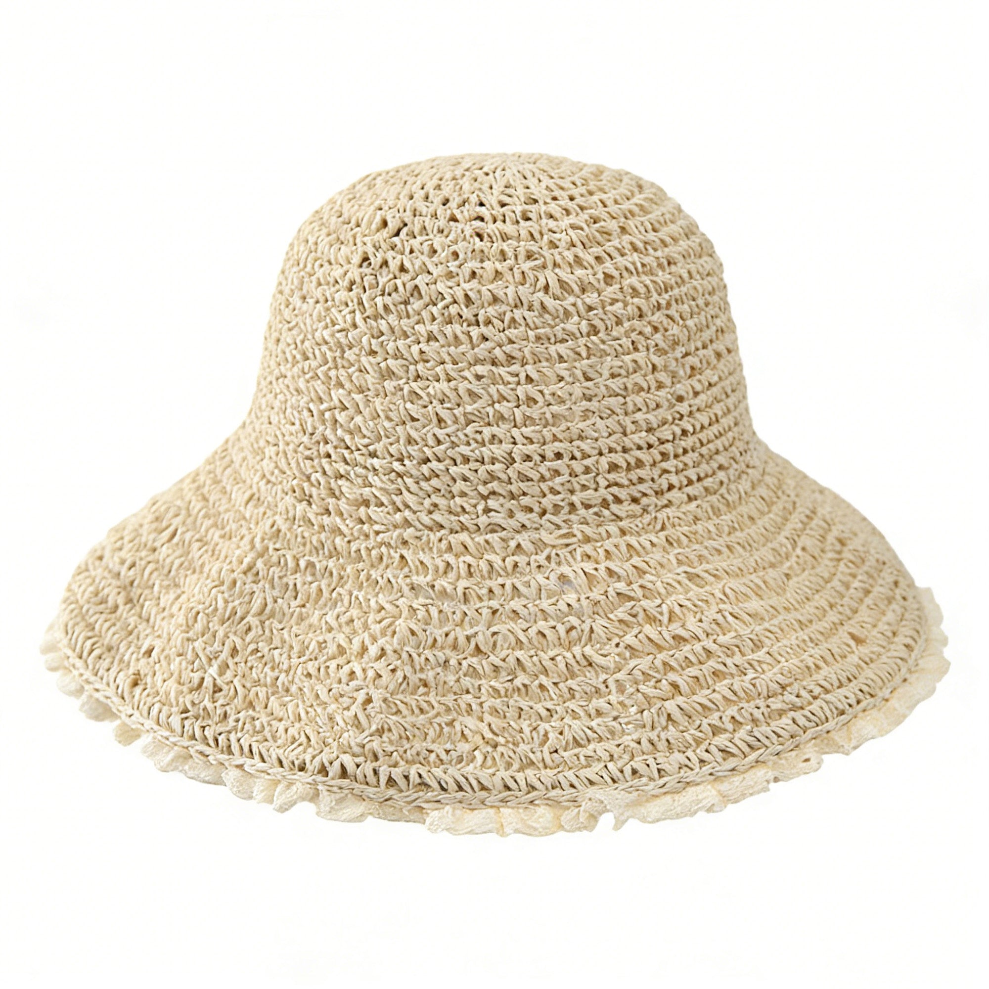 Anna-Kaci Women Straw Bucket Hat Wide Brim Lightweight Sun Hat with Lace Trim Detail