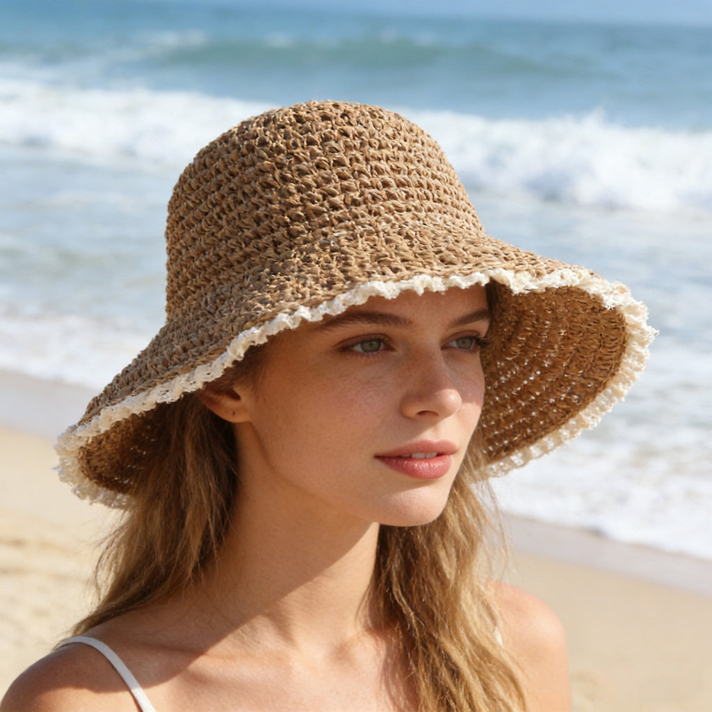 Anna-Kaci Women Straw Bucket Hat Wide Brim Lightweight Sun Hat with Lace Trim Detail
