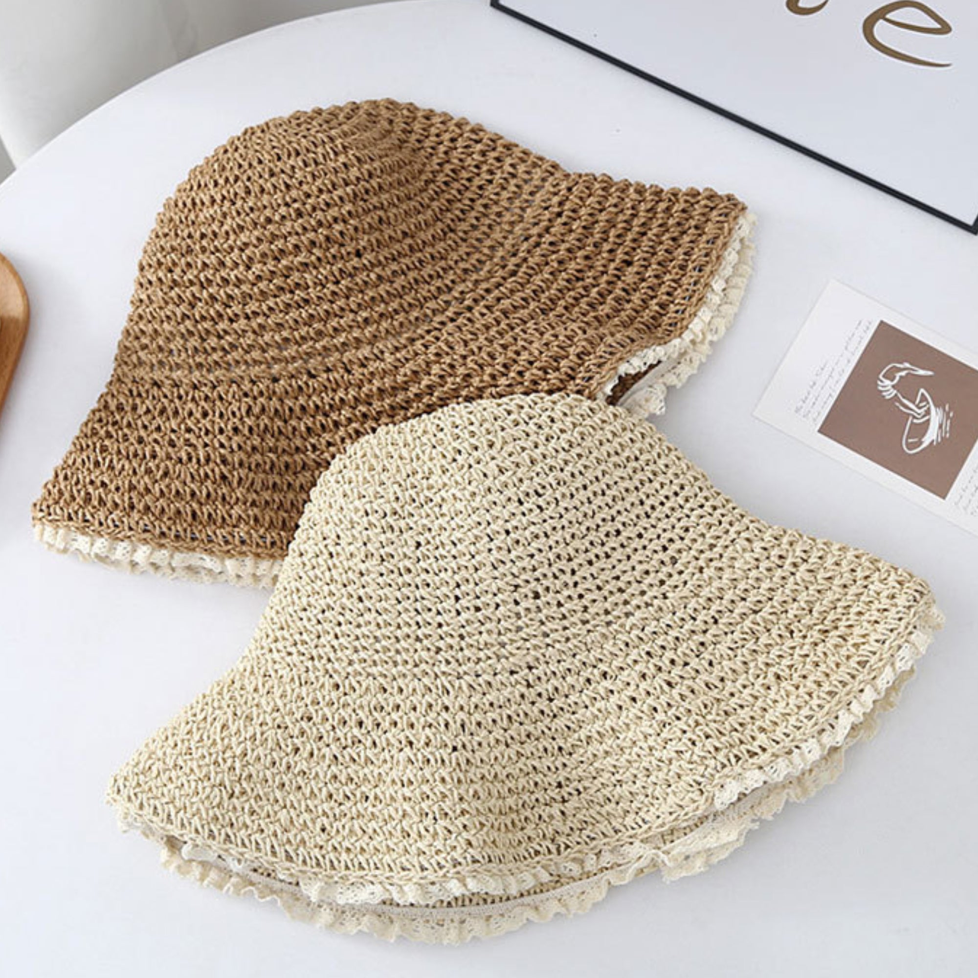 Anna-Kaci Women Straw Bucket Hat Wide Brim Lightweight Sun Hat with Lace Trim Detail