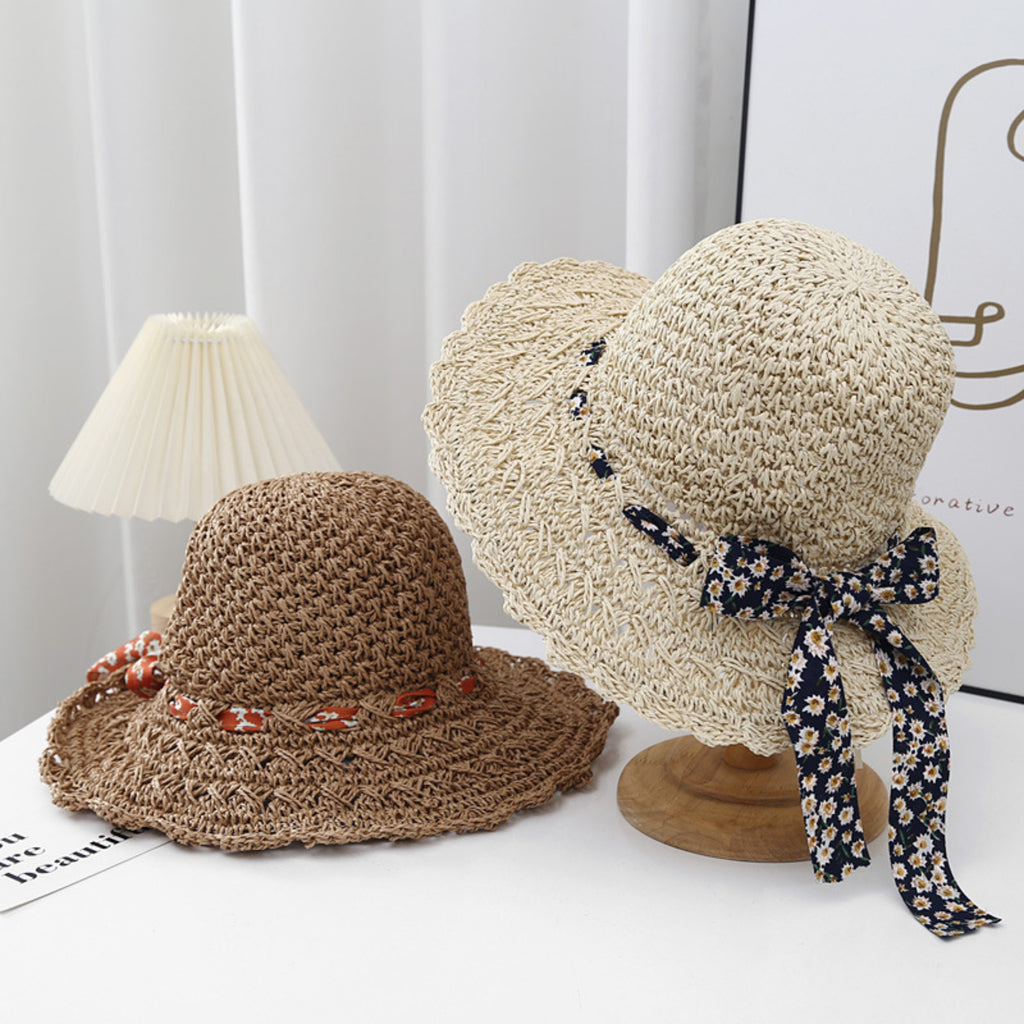 Anna-Kaci Women Woven Straw Sun Hat Wide Brim Lightweight Hat with Floral Ribbon Tie Detail