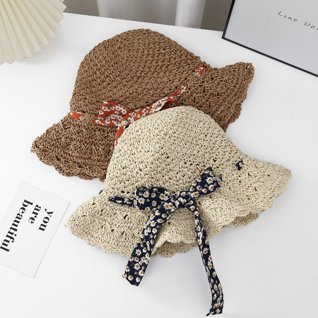 Anna-Kaci Women Woven Straw Sun Hat Wide Brim Lightweight Hat with Floral Ribbon Tie Detail