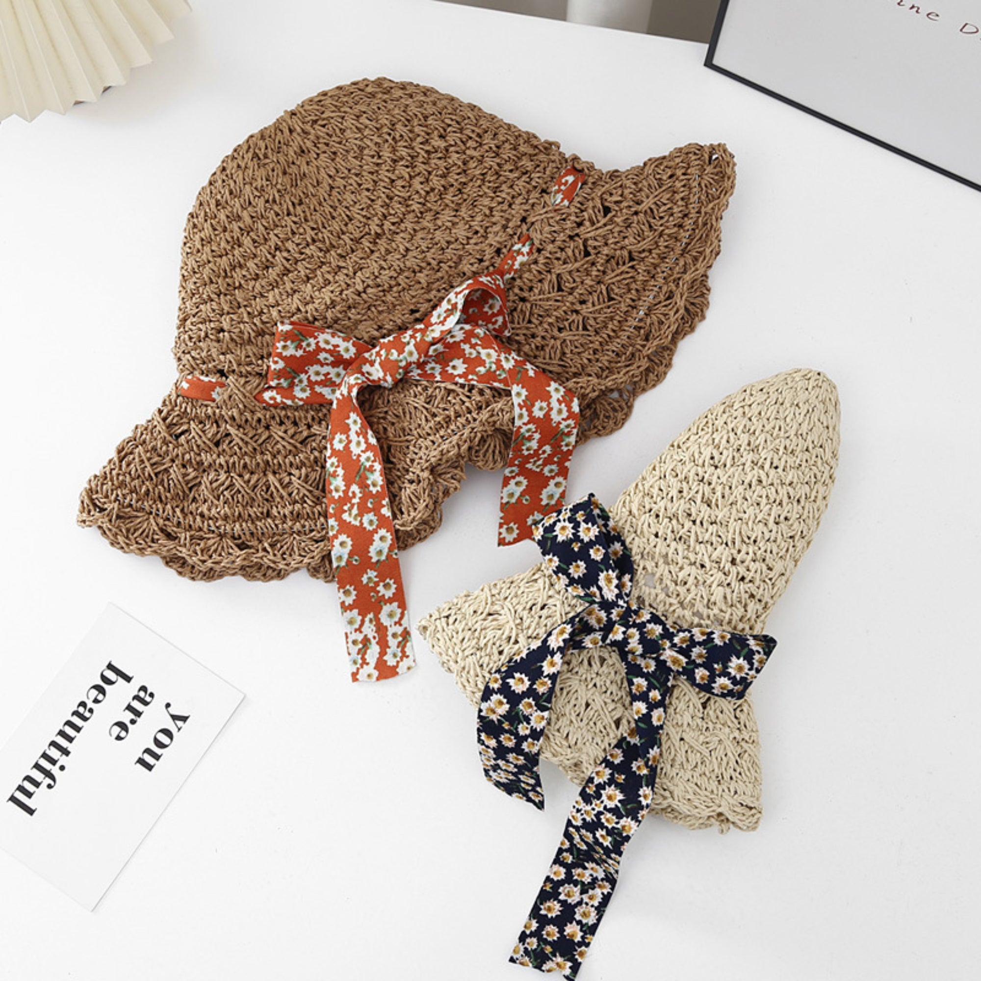 Anna-Kaci Women Woven Straw Sun Hat Wide Brim Lightweight Hat with Floral Ribbon Tie Detail