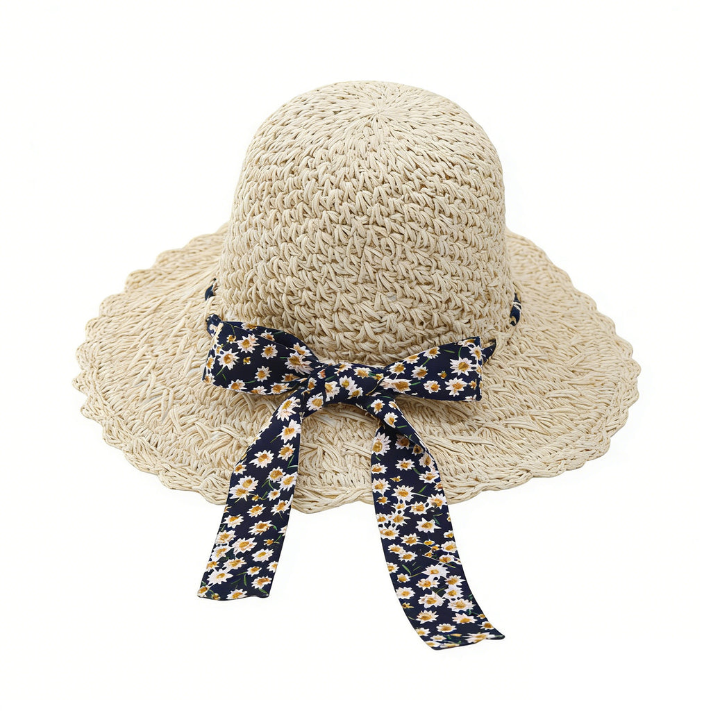 Anna-Kaci Women Woven Straw Sun Hat Wide Brim Lightweight Hat with Floral Ribbon Tie Detail